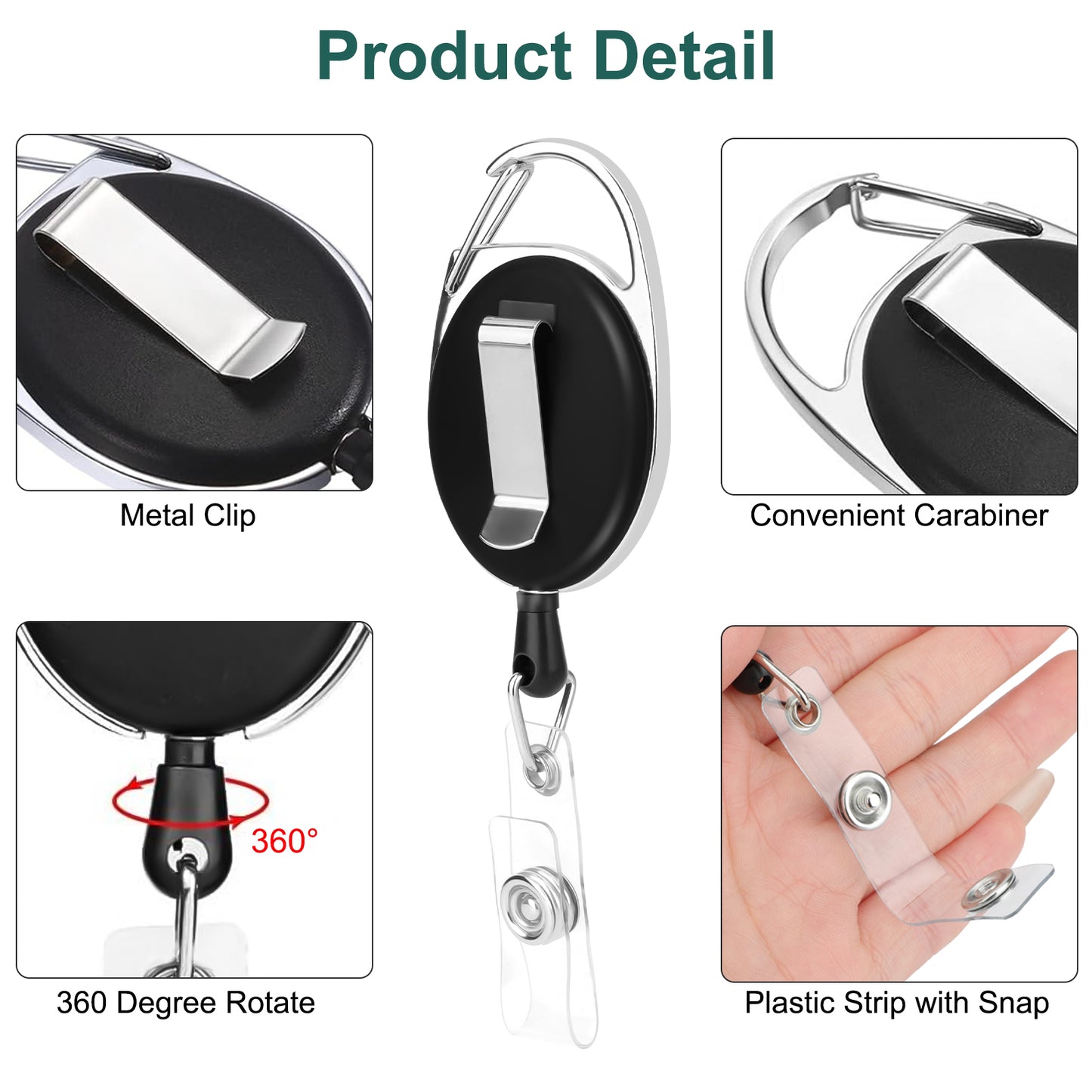 5Pcs Retractable ID Card Badge Holder - Heavy Duty Metal Keychain Reel Clip Key Ring with Waterproof Vertical Clear ID Card Holder (Black )