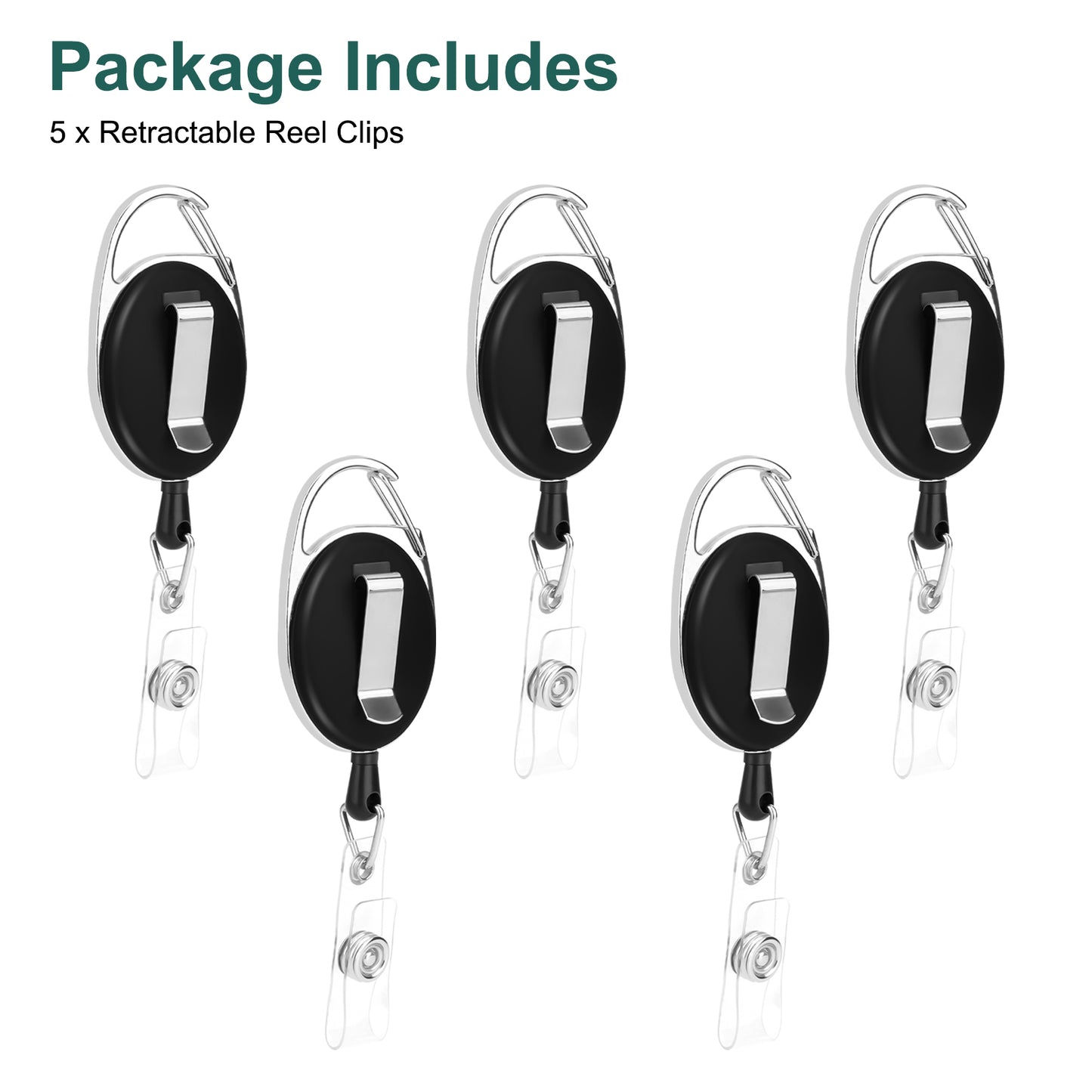 5Pcs Retractable ID Card Badge Holder - Heavy Duty Metal Keychain Reel Clip Key Ring with Waterproof Vertical Clear ID Card Holder (Black )