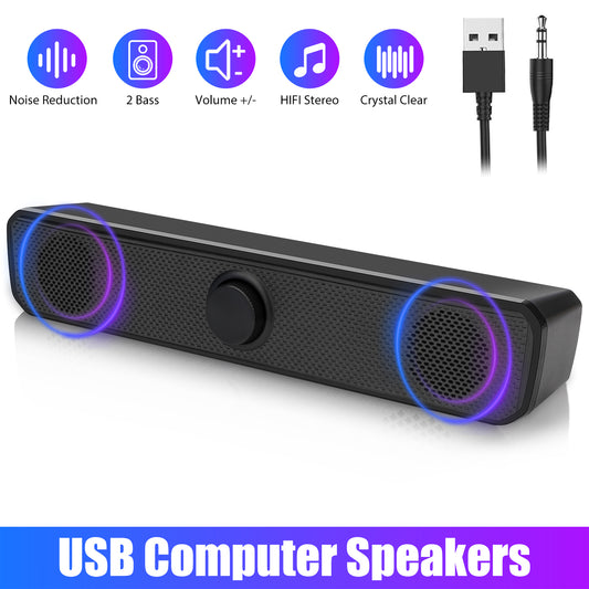 3.5mm USB Wired Computer Soundbar - Stereo Bass 2.0 Speakers with Volume Control for PC, Laptop, Desktop (Black)