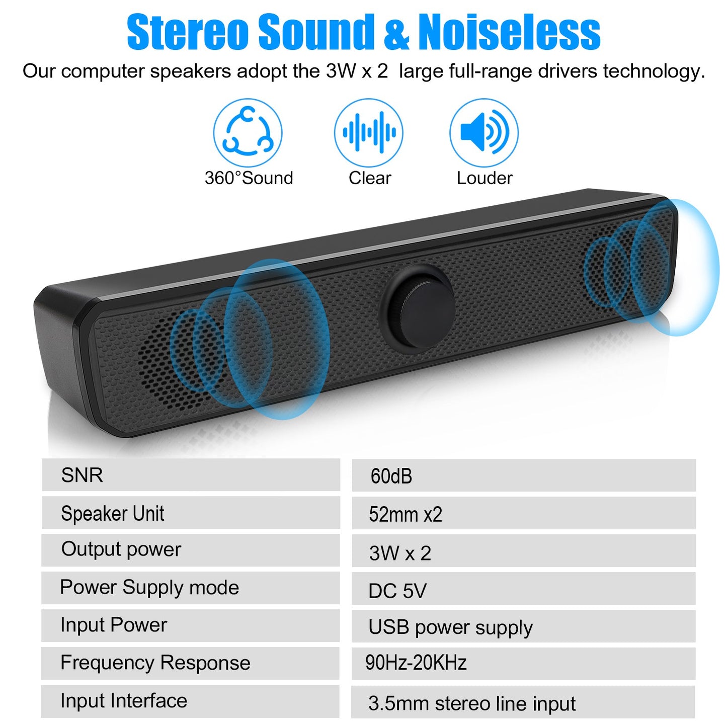 3.5mm USB Wired Computer Soundbar - Stereo Bass 2.0 Speakers with Volume Control for PC, Laptop, Desktop (Black)