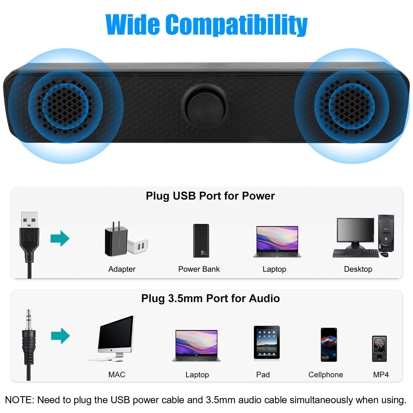 3.5mm USB Wired Computer Soundbar - Stereo Bass 2.0 Speakers with Volume Control for PC, Laptop, Desktop (Black)