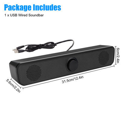 3.5mm USB Wired Computer Soundbar - Stereo Bass 2.0 Speakers with Volume Control for PC, Laptop, Desktop (Black)