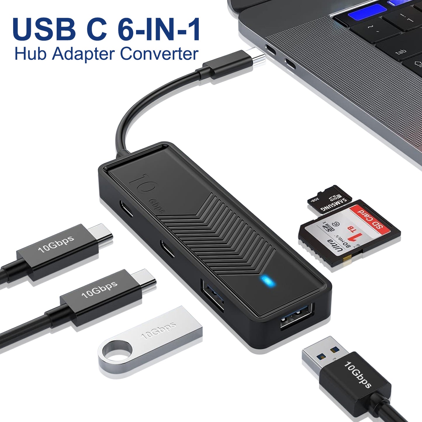 6-IN-1 USB 3.2 Type C Hub Card Reader - 10Gbps Fast Data Transmission SD/TF Card Reader and USB-C Adapter for MacBook Pro, PC, and More (Black)
