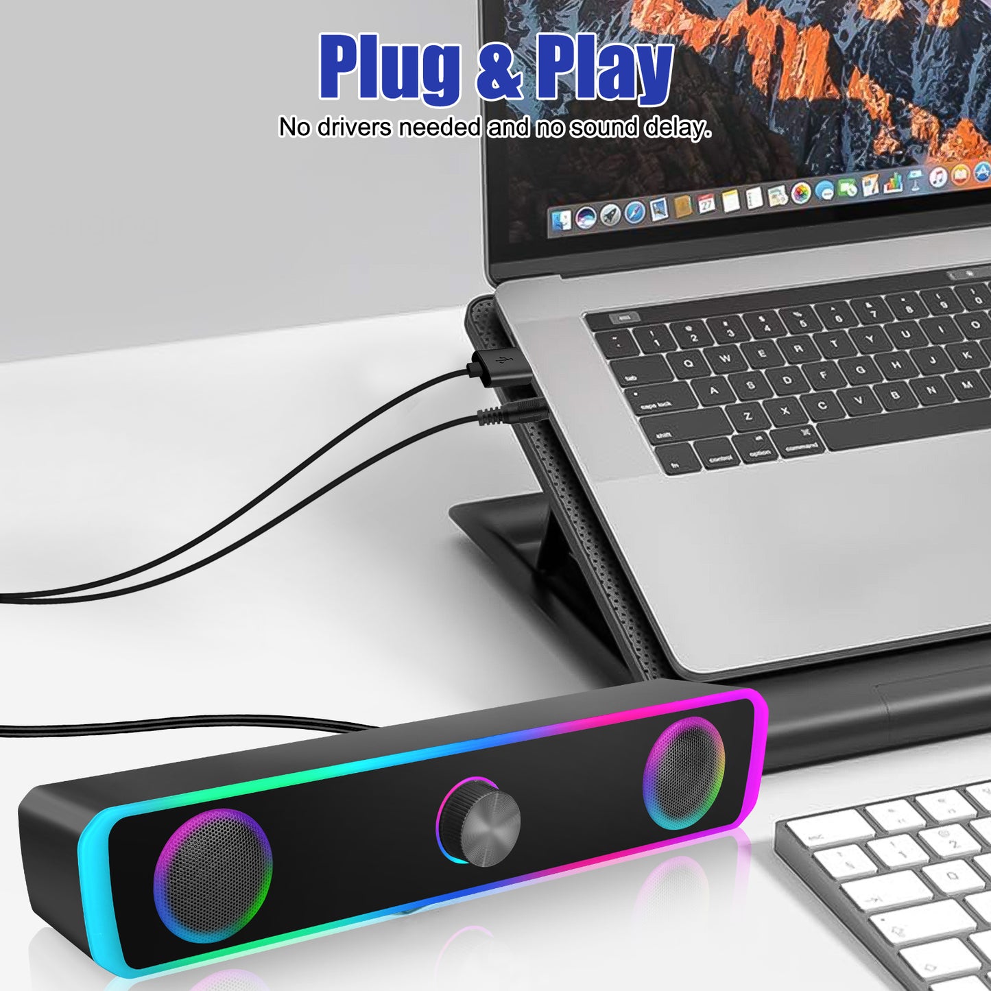 Dynamic RGB Wired Computer Speakers - USB Powered 3Wx2 Stereo Sound with 3.5mm Aux-in for PC Gaming Desktop and Laptop