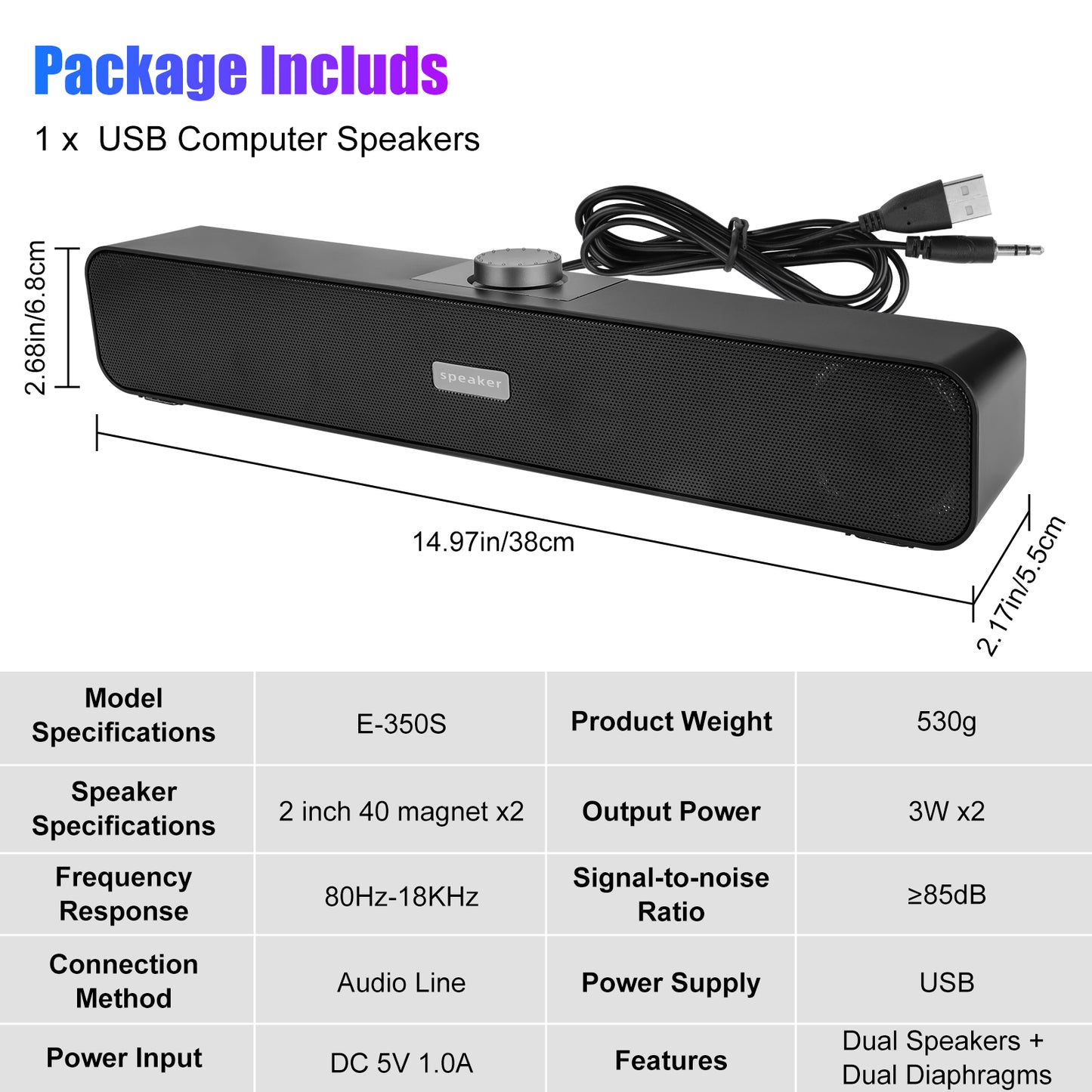 3.5mm USB Wired Computer Speakers – 6W Stereo Bass Soundbar with Anti-Magnetic Technology for Desktop and Laptop (Black)