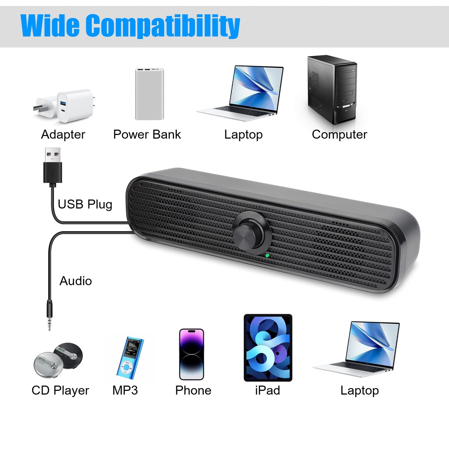 Long Stripes USB Wired Computer Speakers - Big Dial Volume Control, Plug and Play, Stylish Slim Design, for PC Desktop Laptop
