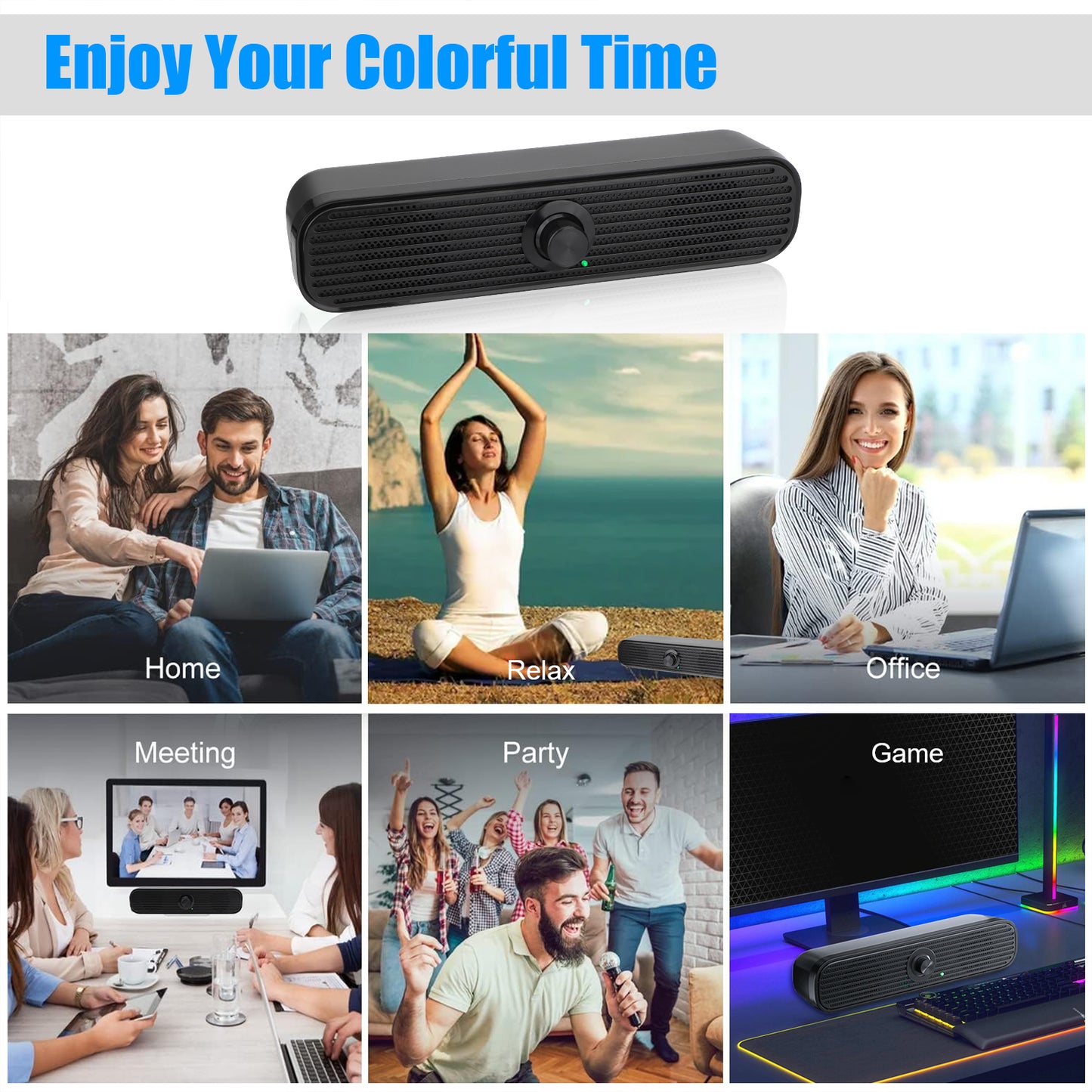 Long Stripes USB Wired Computer Speakers - Big Dial Volume Control, Plug and Play, Stylish Slim Design, for PC Desktop Laptop