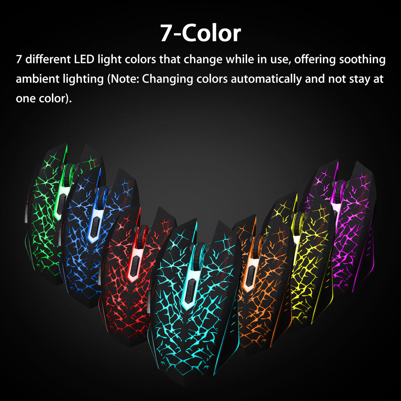 USB Computer Mouse, 2.4G LED Color Changing Optical Silent, Ergonomics Grip, 4 Adjustable DPI