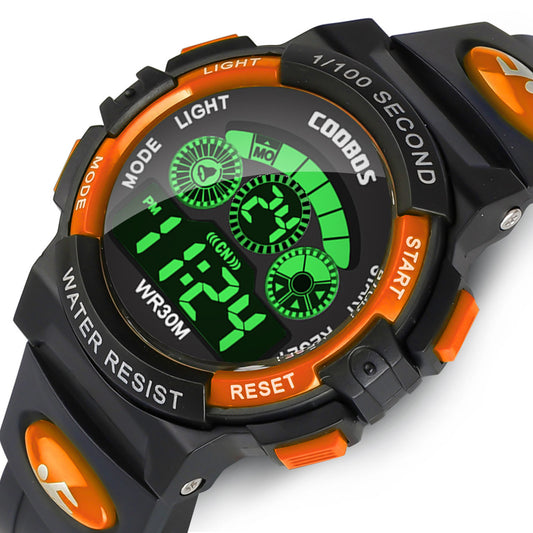 Multi-Functional Digital Children Kids Watches Waterproof Outdoor Wristwatches with Back Light Stopwatch Alarm, Orange