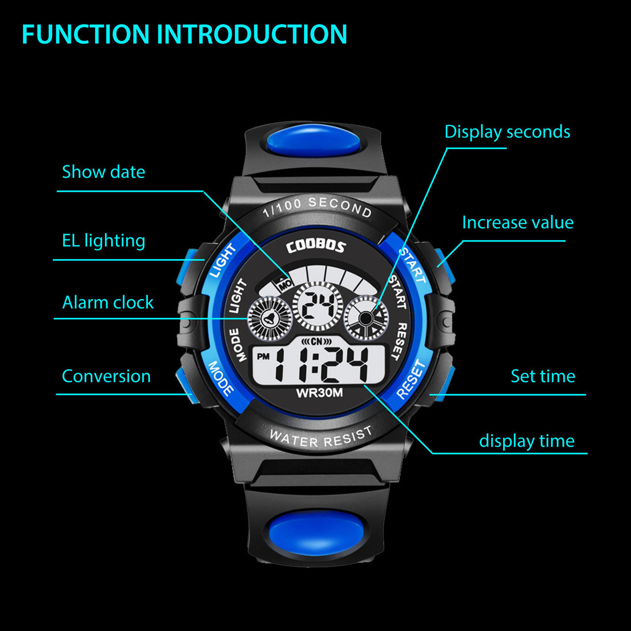 Multi-Functional Digital Children Kids Watches Waterproof Outdoor Wristwatches with Back Light Stopwatch Alarm for Boys, Girls