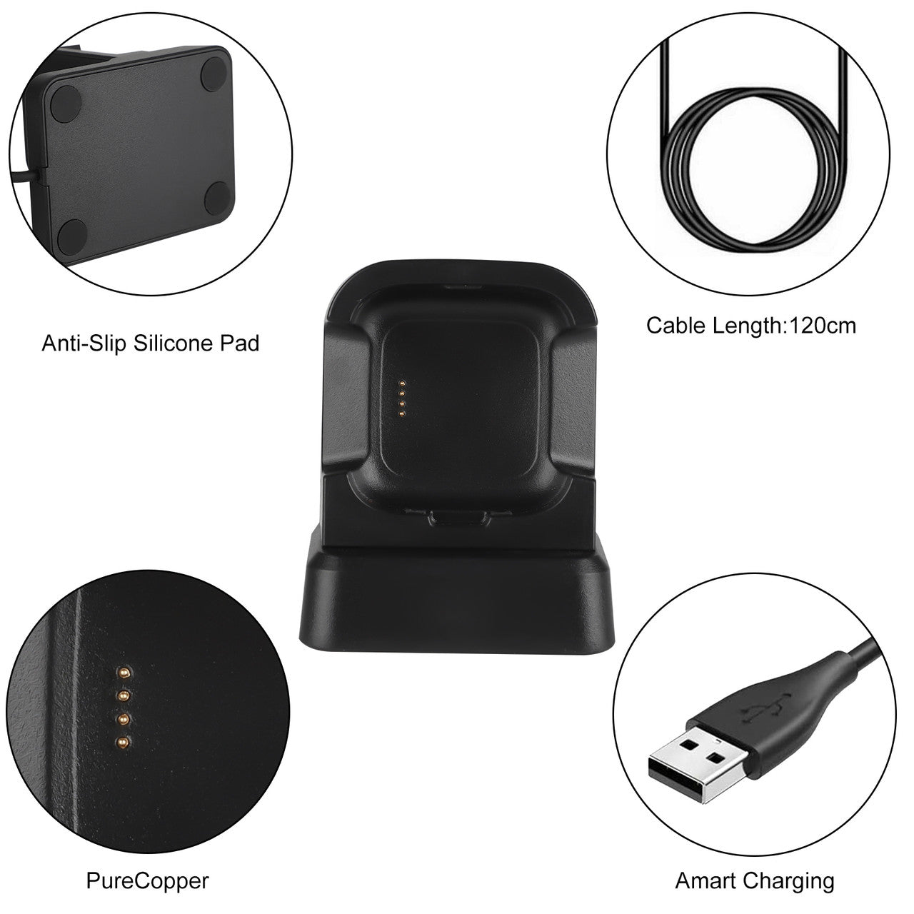 USB Replacement Charging Dock Cable Stand Station Base Accessories with 3.9ft Cable Compatible with Fitbit Versa 2 2019, Black