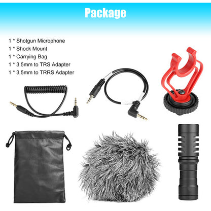 Camera Video Microphone, 3.5mm Professional Cardioid Recording Shotgun Microphone with Shock Mount, Windscreen, Carrying Bag, Fit for DSLR, iPhone, Android, Canon/Nikon/Sony Camera, Camcorder