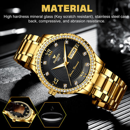 Men's Watch Classic Stainless Steel Quartz Diamond Watch black