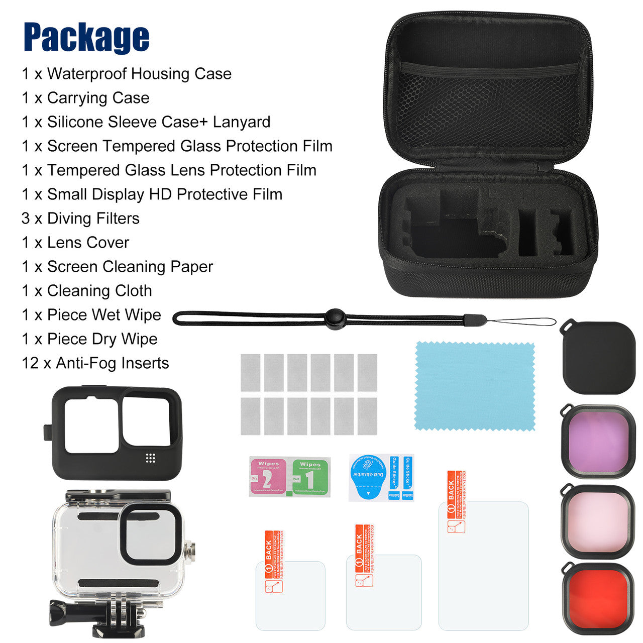 Accessories Kit for GoPro Hero 9 with Shockproof Carrying Case + Waterproof Case + Tempered Glass Screen & Lens Protector + Silicone Sleeve + Lanyard + Lens Filters + Anti-Fog Inserts