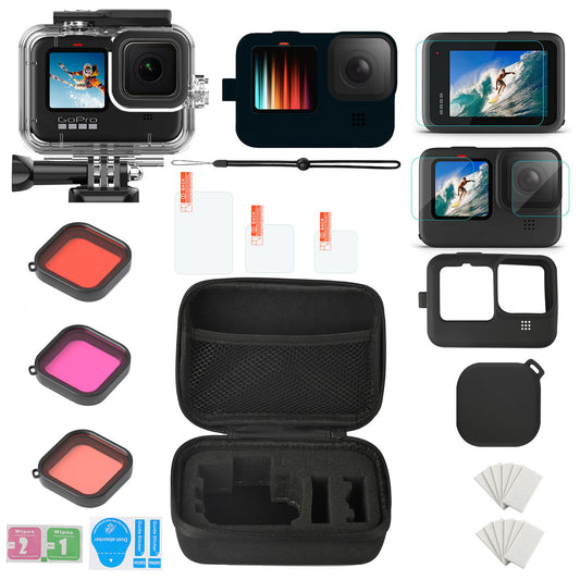 Accessories Kit for GoPro Hero 9 with Shockproof Carrying Case + Waterproof Case + Tempered Glass Screen & Lens Protector + Silicone Sleeve + Lanyard + Lens Filters + Anti-Fog Inserts