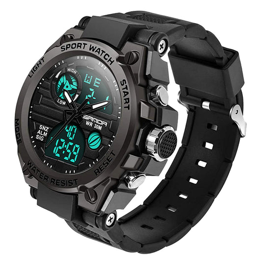 Multi-Functions Dual-Display Tactical Watch for Men with Backlight Alarm Calendar Stopwatch, Waterproof Wristwatch