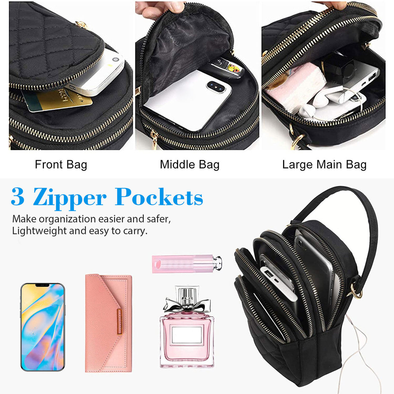 Multi-Pocket Crossbody Phone Bag Wallet for Women, with Shoulder Strap Fit for iPhone,Samsung, Black