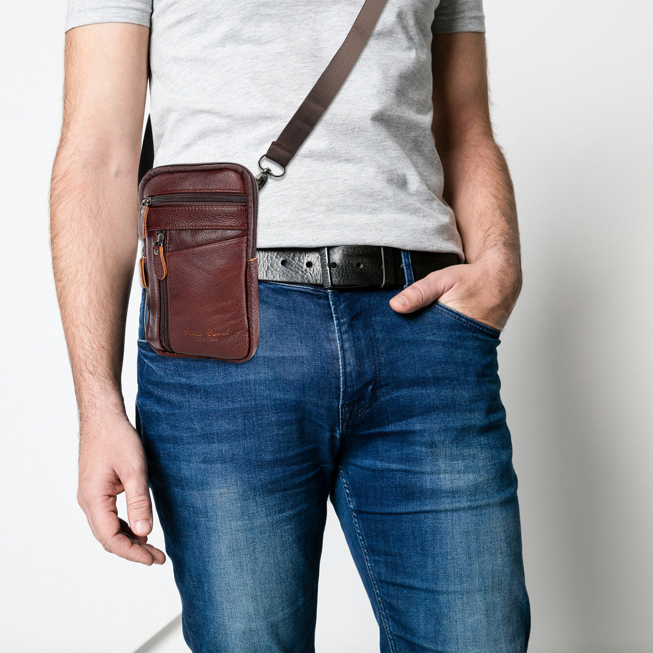 Men Leather Fashion Crossbody Pouch Belt Bag for Travel and Everyday Life