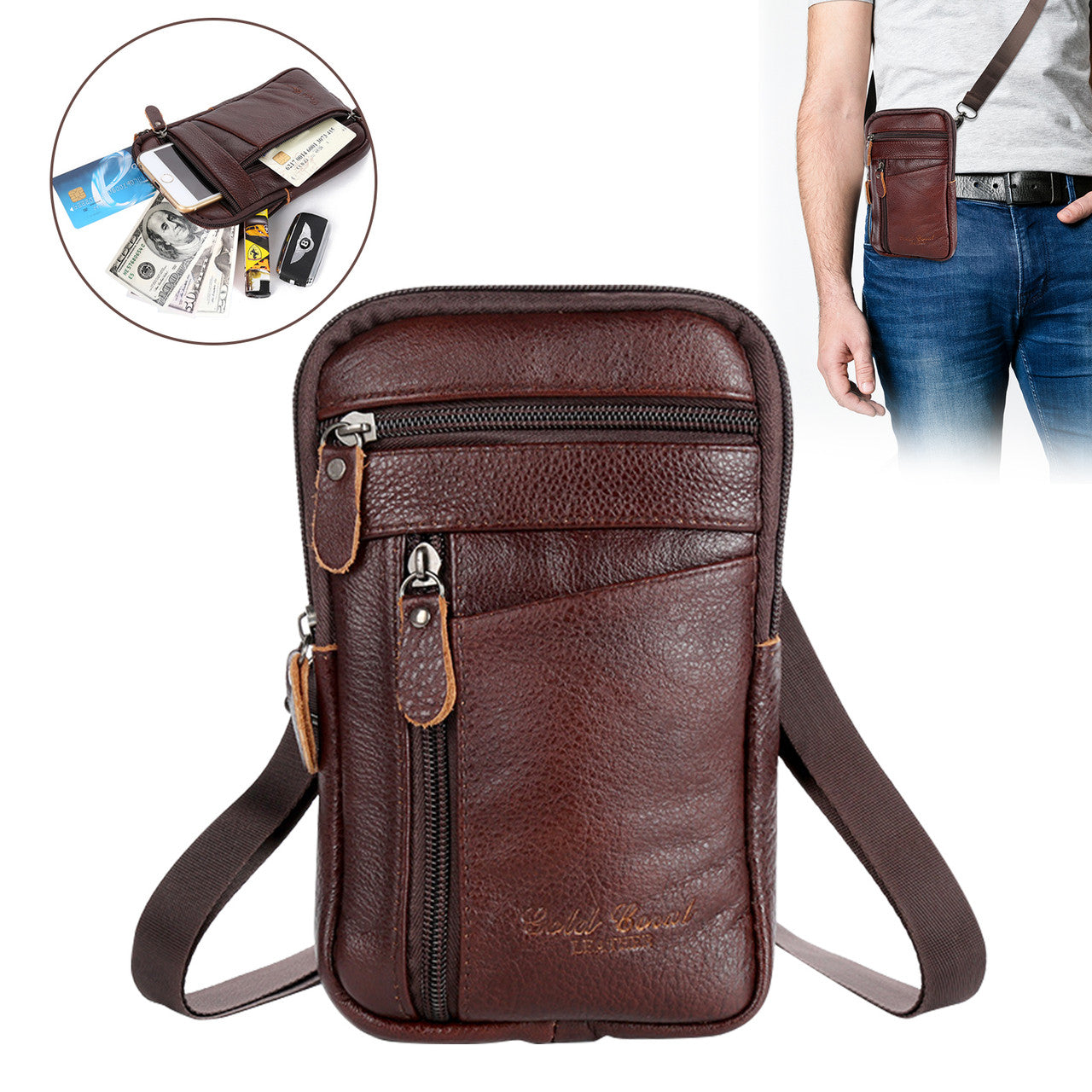 Men Leather Fashion Crossbody Pouch Belt Bag for Travel and Everyday Life