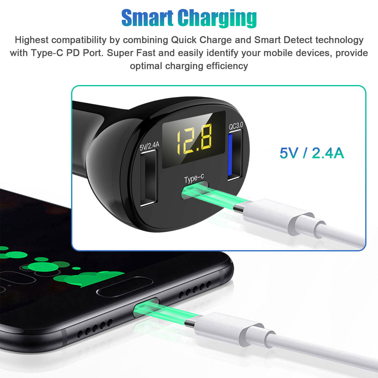 3 Port Fast Charger(5V TYPE-C & USB),Cigarette Lighter Adapter Compatible with iPhone,Samsung Galaxy