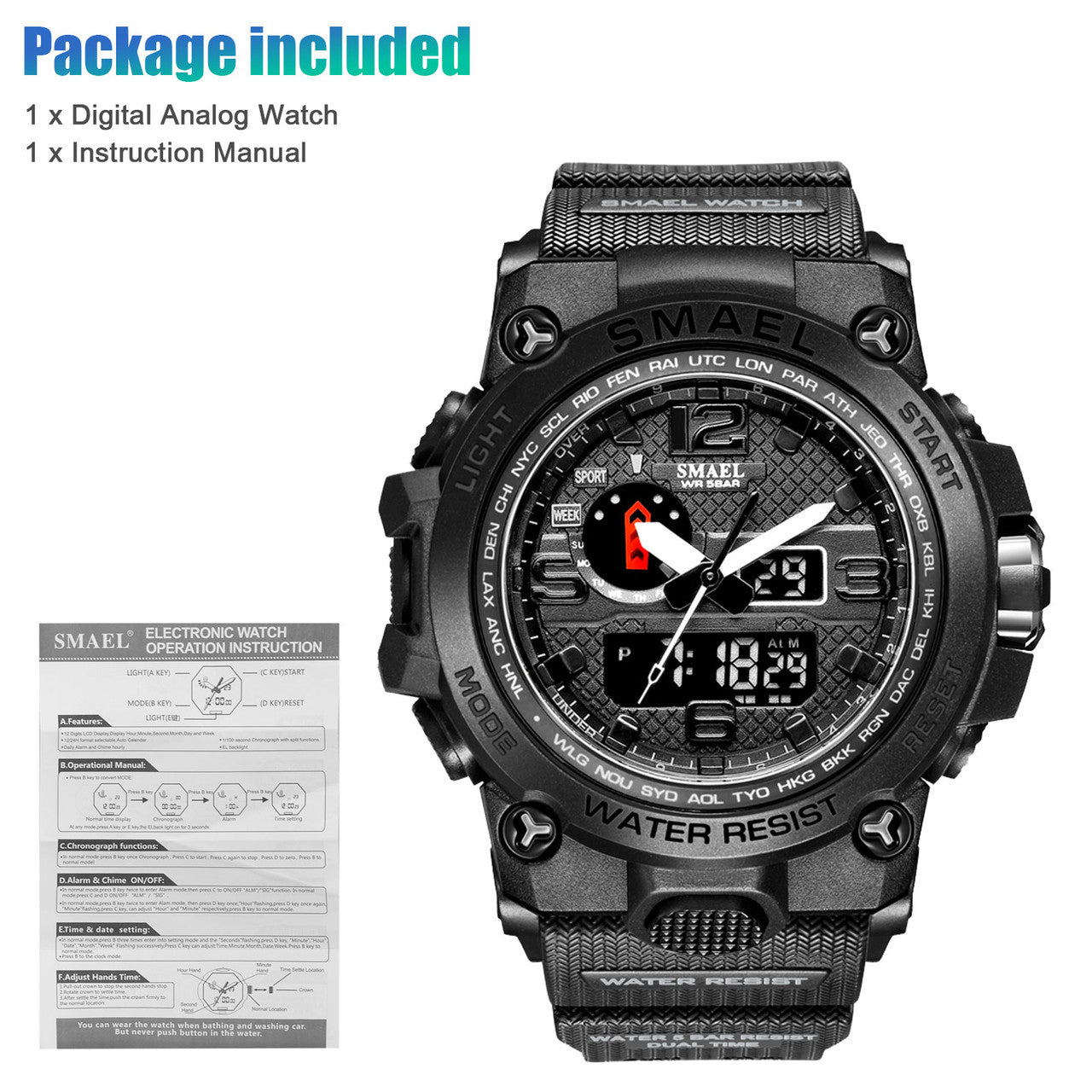 SMAEL Men's Sport Military Data Waterproof LED Digital Analog Quartz Wrist Watch