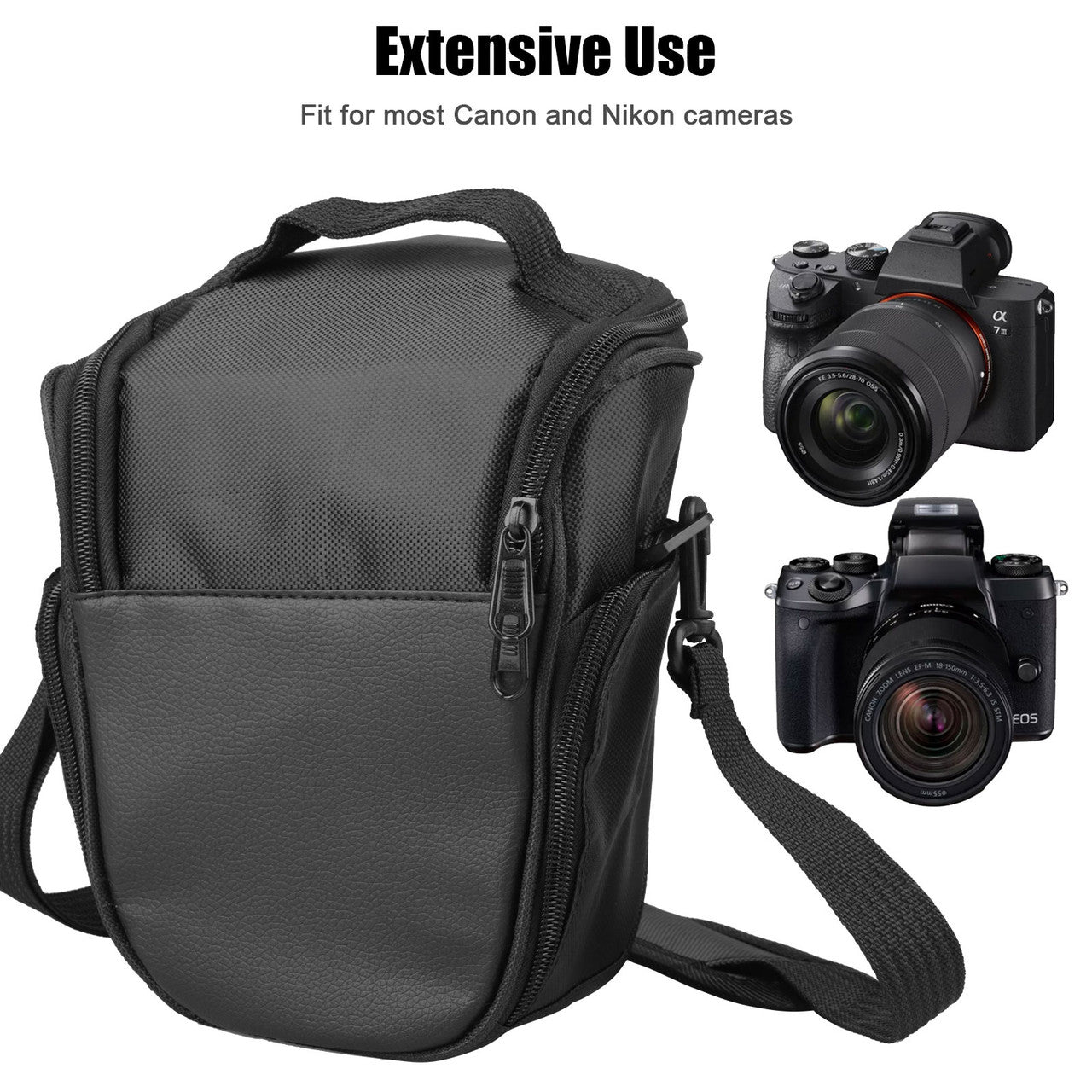 Compact Camera Crossbody Bag w/ Adjustable Strap Compatible for Nikon, Canon, Sony Cameras, Black