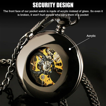 Mens Pocket Watch Mechanical Dial Skeleton Retro Chain Automatic Luxury US, Black