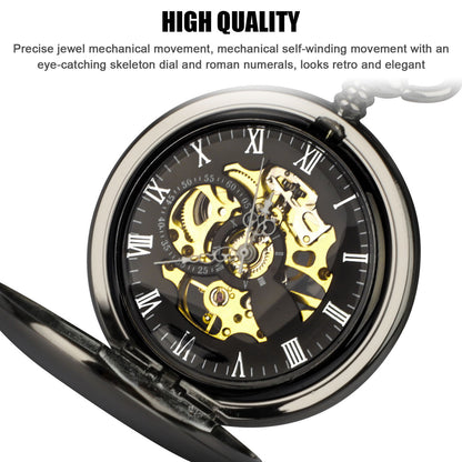 Mens Pocket Watch Mechanical Dial Skeleton Retro Chain Automatic Luxury US, Black