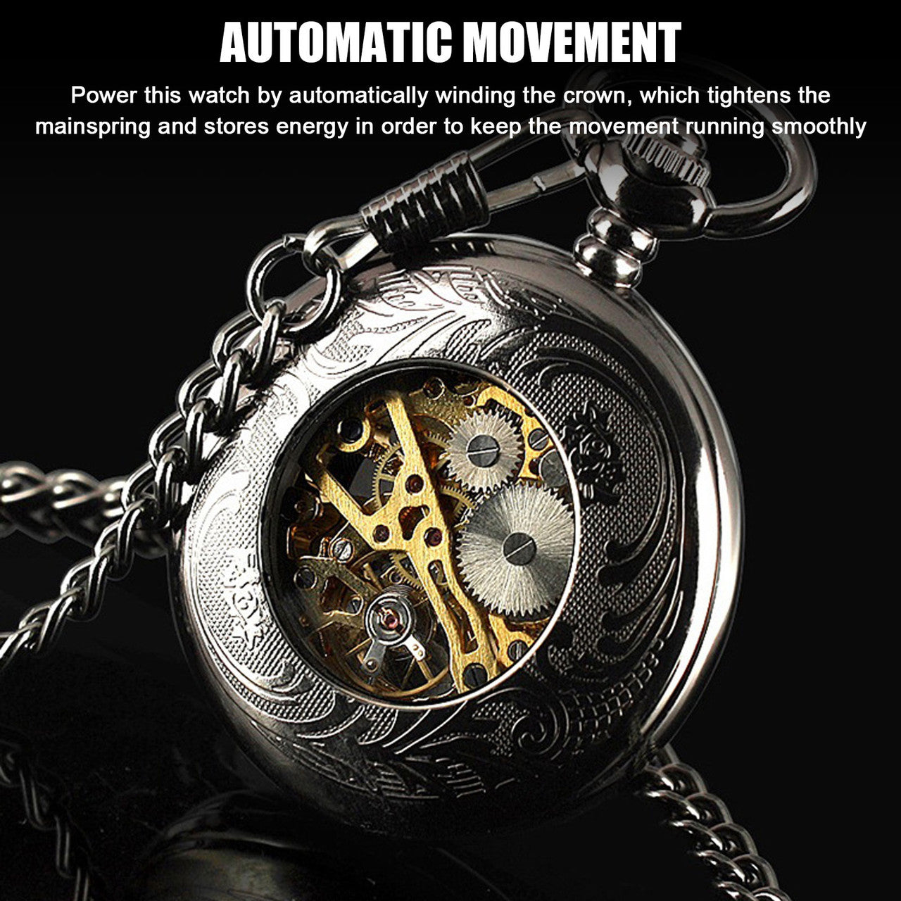 Mens Pocket Watch Mechanical Dial Skeleton Retro Chain Automatic Luxury US, Black