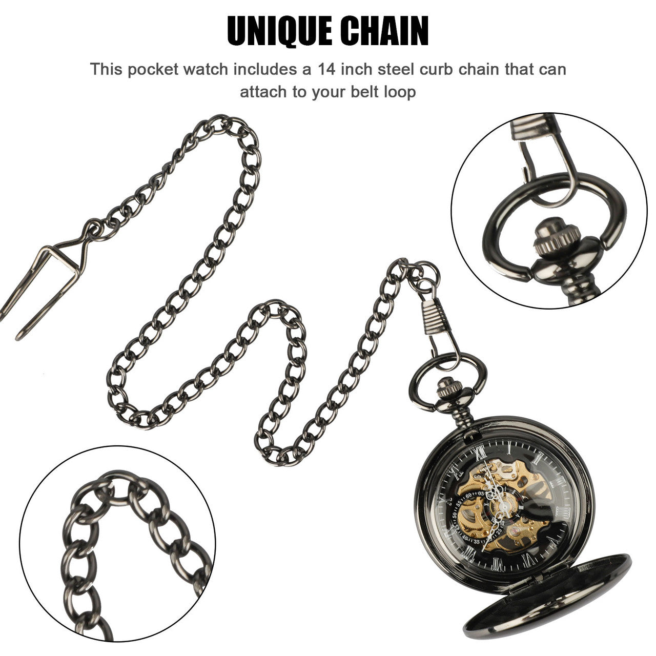 Mens Pocket Watch Mechanical Dial Skeleton Retro Chain Automatic Luxury US, Black
