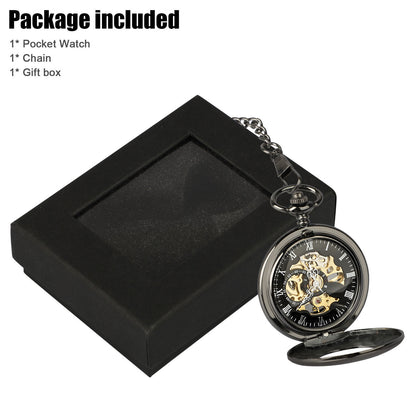 Mens Pocket Watch Mechanical Dial Skeleton Retro Chain Automatic Luxury US, Black