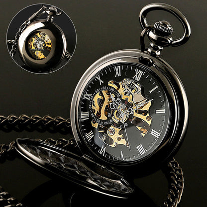 Mens Pocket Watch Mechanical Dial Skeleton Retro Chain Automatic Luxury US, Black