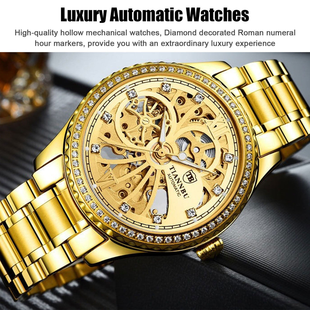 Luxury Mens Stainless Steel Automatic Mechanical Wrist Watch, Gold