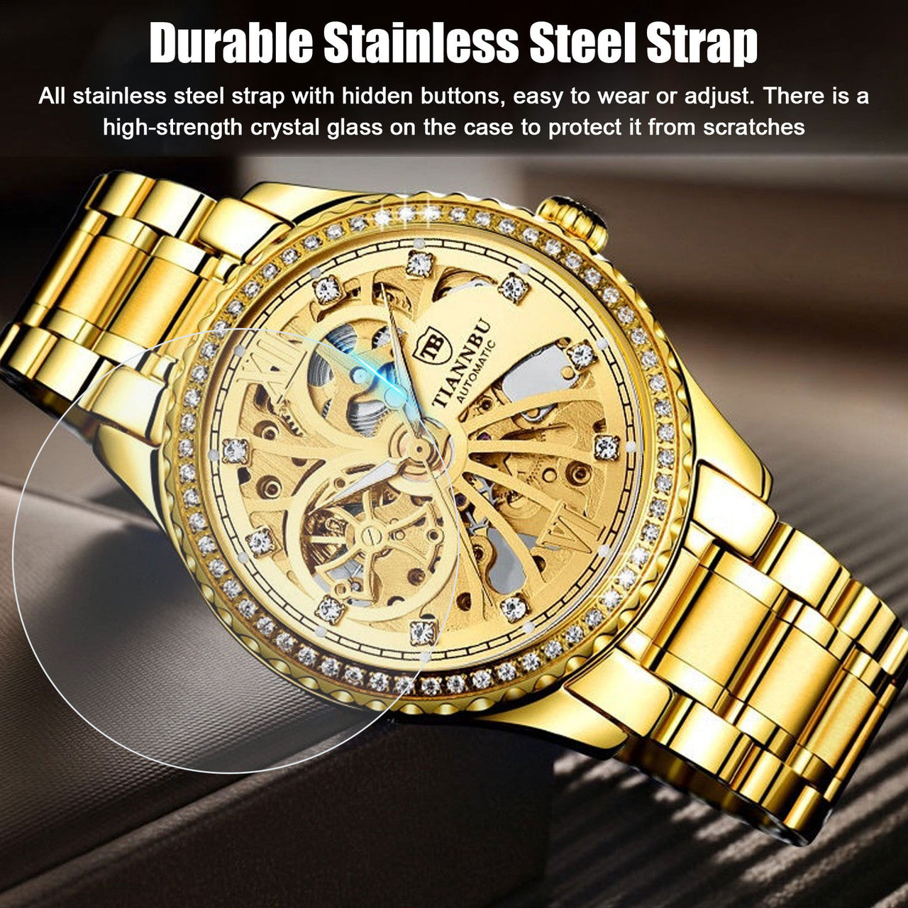 Luxury Mens Stainless Steel Automatic Mechanical Wrist Watch, Gold