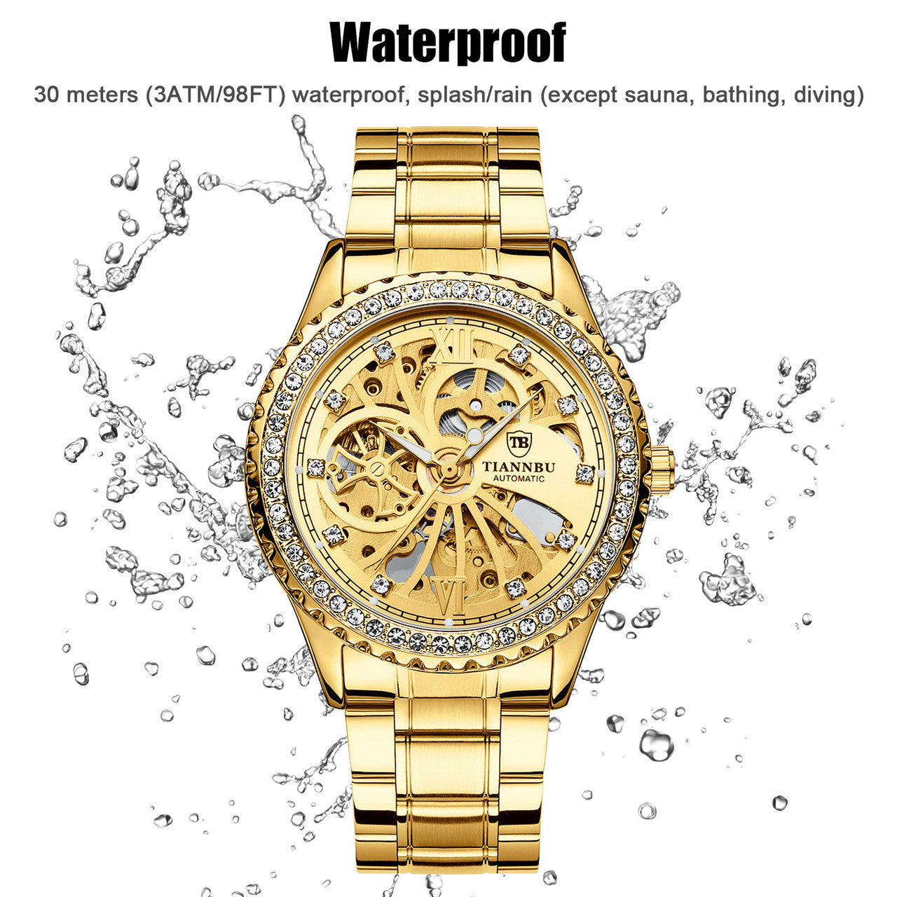 Luxury Mens Stainless Steel Automatic Mechanical Wrist Watch, Gold