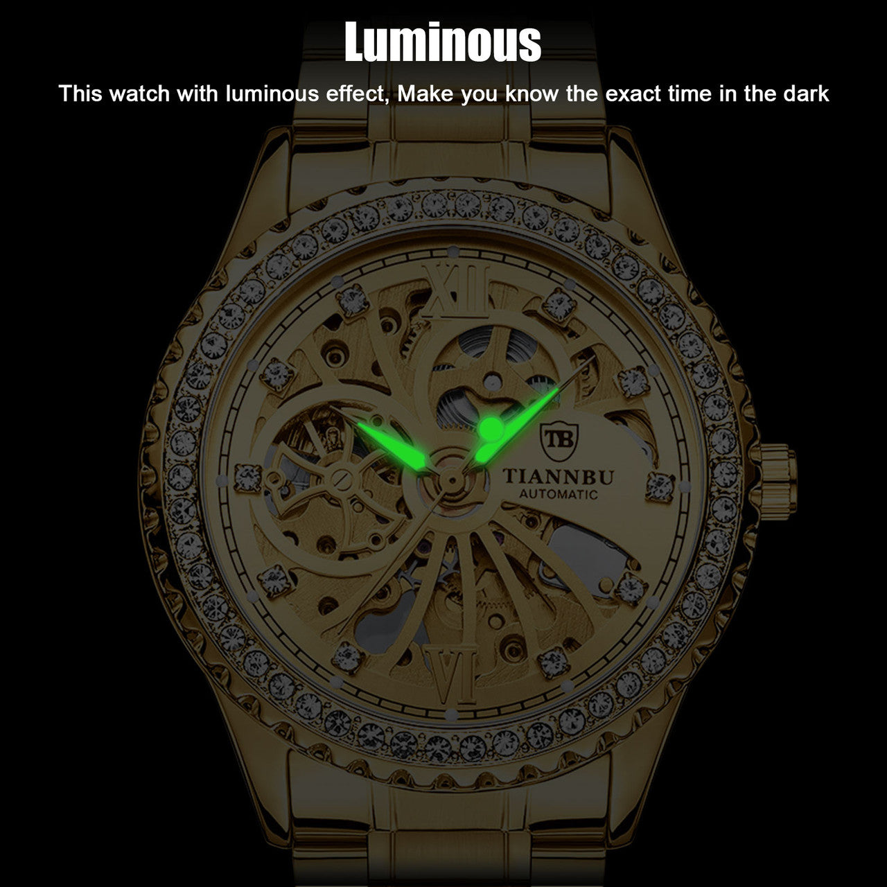 Luxury Mens Stainless Steel Automatic Mechanical Wrist Watch, Gold