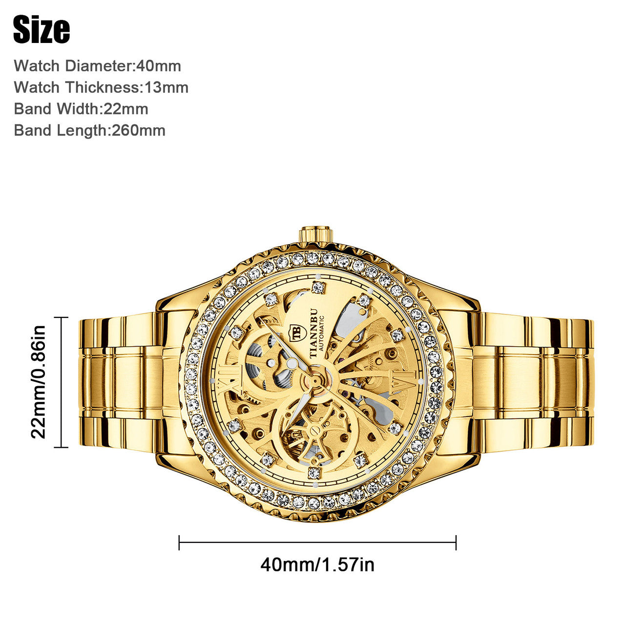 Luxury Mens Stainless Steel Automatic Mechanical Wrist Watch, Gold