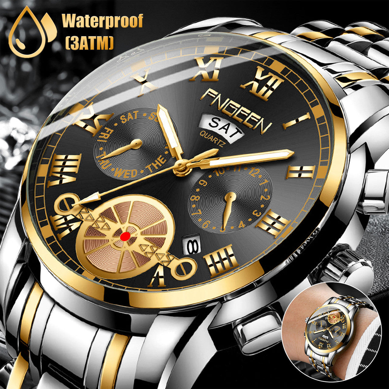 FNGEEN Men's Fashion and Waterproof Watch with Stainless Steel and Japanese Quartz Movement