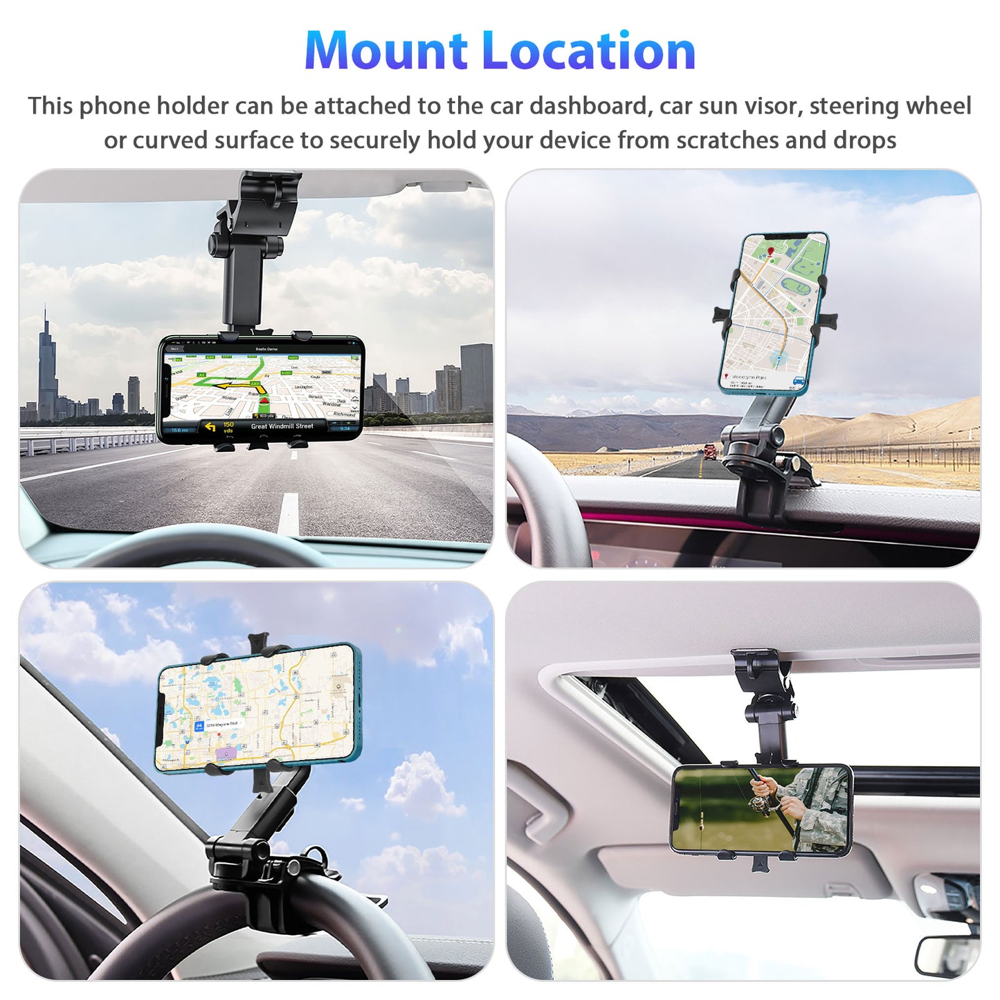 Dual-clip Car Phone Holder Mount Compatible with all mobile phones and devices with a width of 68mm - 94mm.