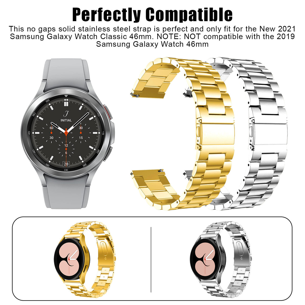 Metal Band Strap with Case Cover For Samsung Galaxy Watch 4-Quick Release Watch Band (Sliver)