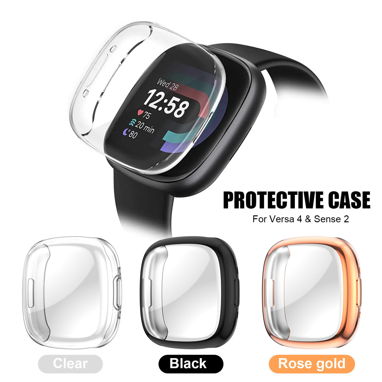 3 Packs TPU Screen Protector Case for Fitbit - Soft Tpu Plated Bumper Shell All-around Full Cover Protective Cases for Sense 2 / Versa 4 Smartwatch, Fitbit Accessory  (Gold, Black, Clear)
