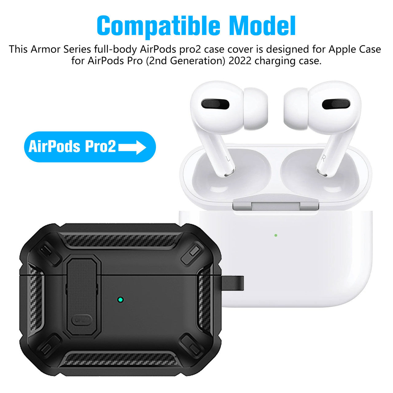 AirPods Pro 2nd Gen Case (2022) With Keychain - Soft Silicone Full Protective (Black)