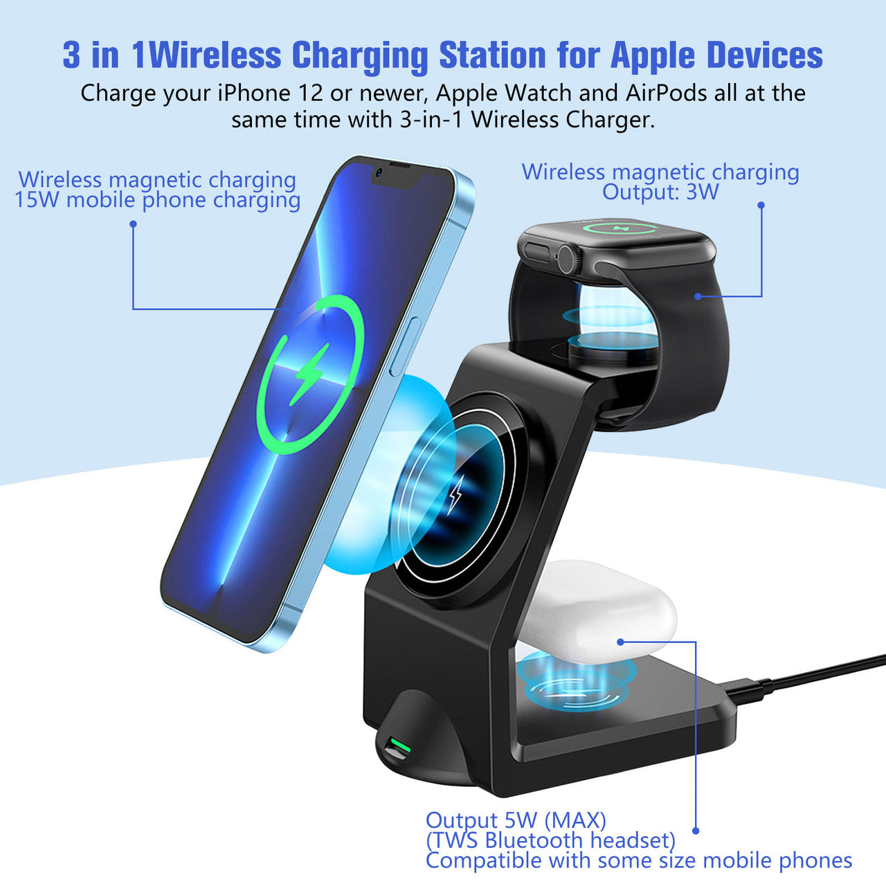 3-IN-1 Wireless Charging Dock - Magnetic Foldable Charging Pad Fast Wireless Charging Station Compatible