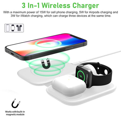 3-IN-1Magnetic Wireless Charger Pad - Foldable 15W Wireless Charging Station for iPhone 13,12 Pro Max/Pro/Mini, iWatch