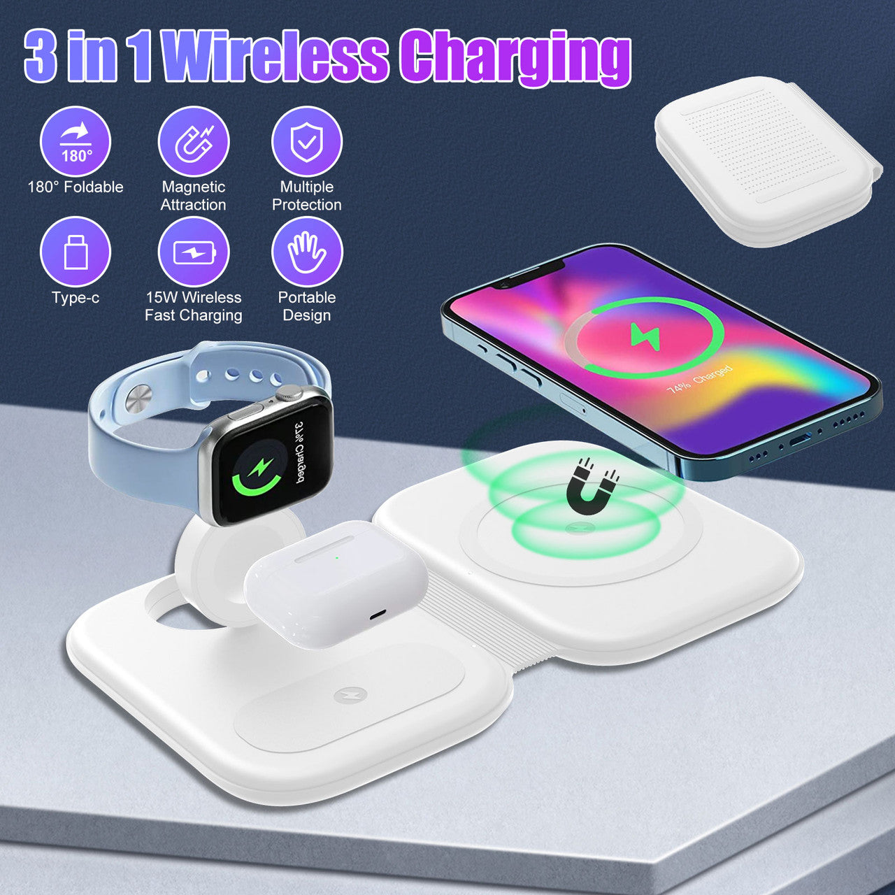 3-IN-1Magnetic Wireless Charger Pad - Foldable 15W Wireless Charging Station for iPhone 13,12 Pro Max/Pro/Mini, iWatch
