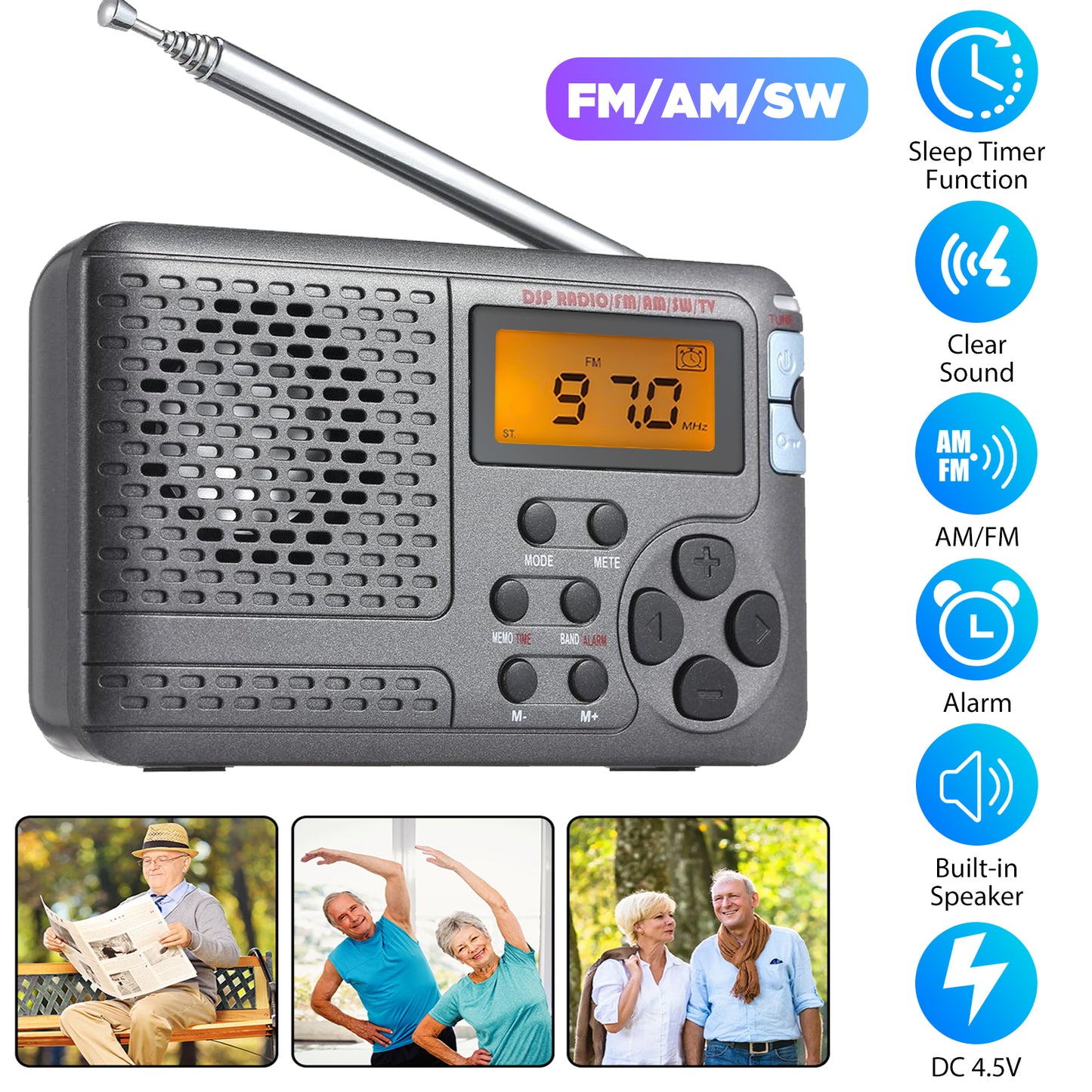 Portable FM/AM/SW Multiband Radio - LCD display Alarm Clock Radio,Stereo Mode Portable Radio Digital Speaker Receiver