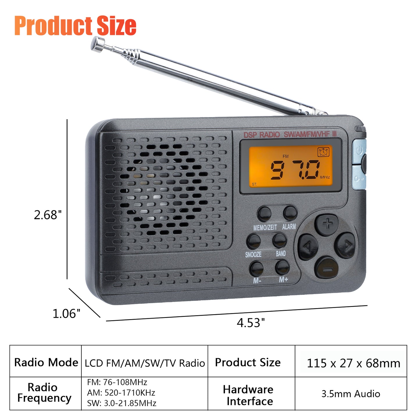 Portable FM/AM/SW Multiband Radio - LCD display Alarm Clock Radio,Stereo Mode Portable Radio Digital Speaker Receiver