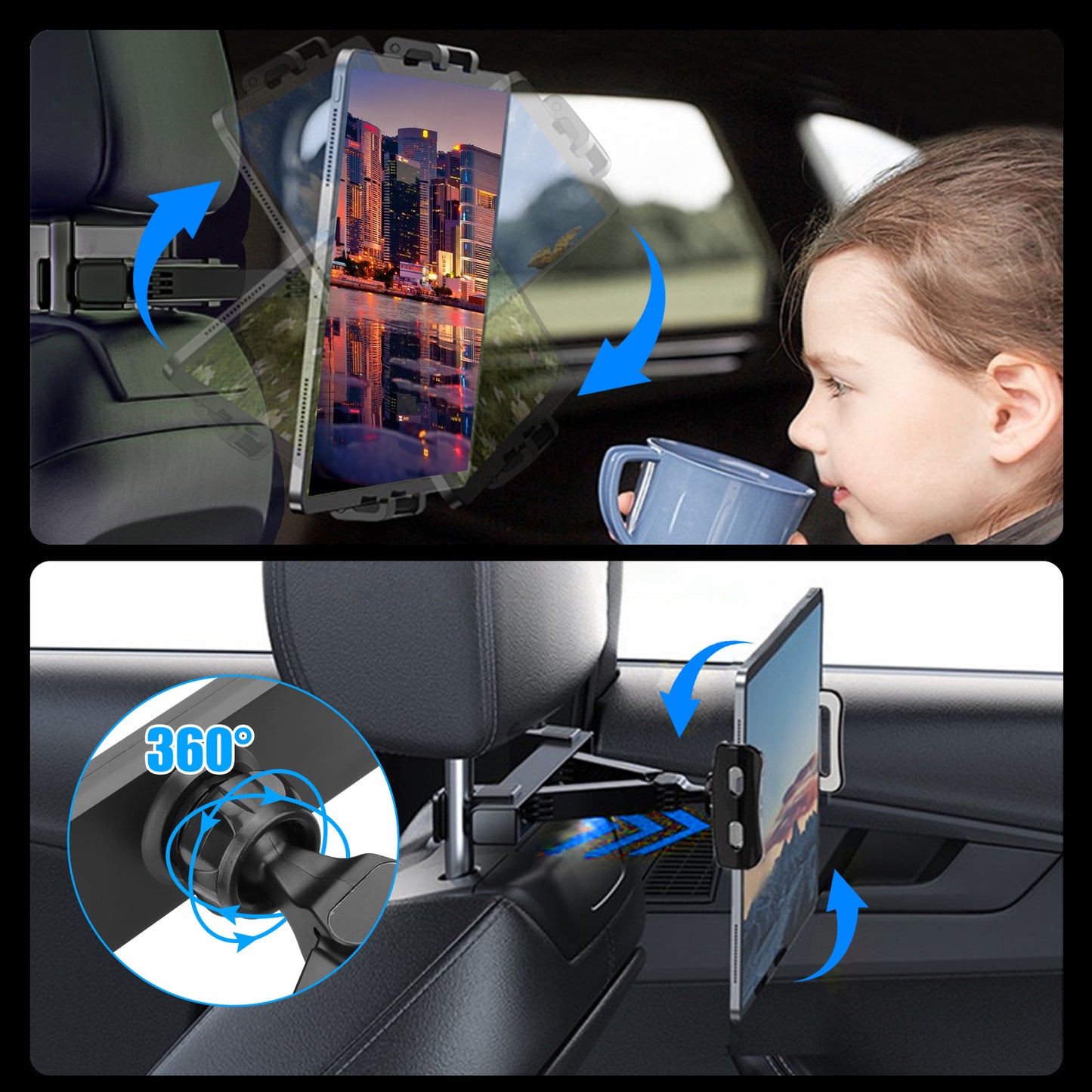 360° Universal Tablet Holder - Car Back Seat Tablet Mount Stand for Kids, Compatible with iPad Pro/Air/Mini, Nintendo Switch, iPhone Samsung, 4.7 to 12.9" Devices