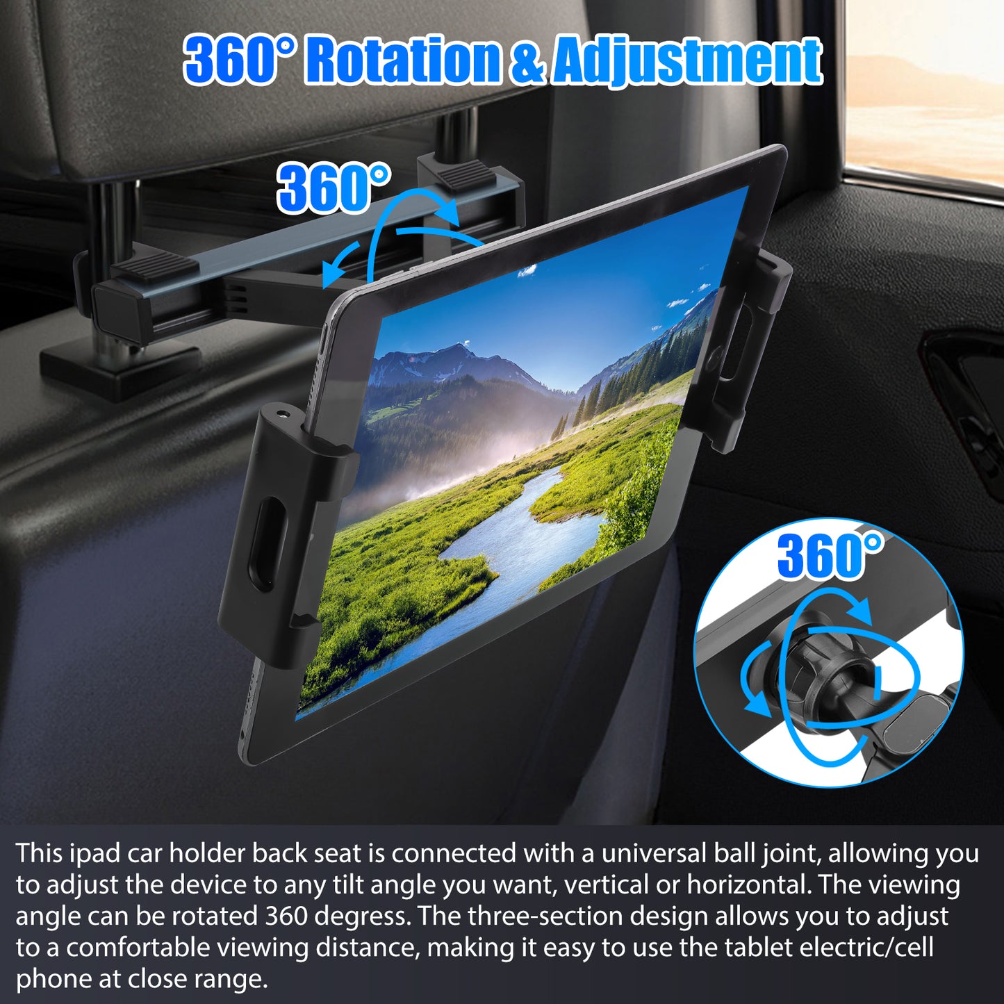 360° Universal Tablet Holder - Car Back Seat Tablet Mount Stand for Kids, Compatible with iPad Pro/Air/Mini, Nintendo Switch, iPhone Samsung, 4.7 to 12.9" Devices
