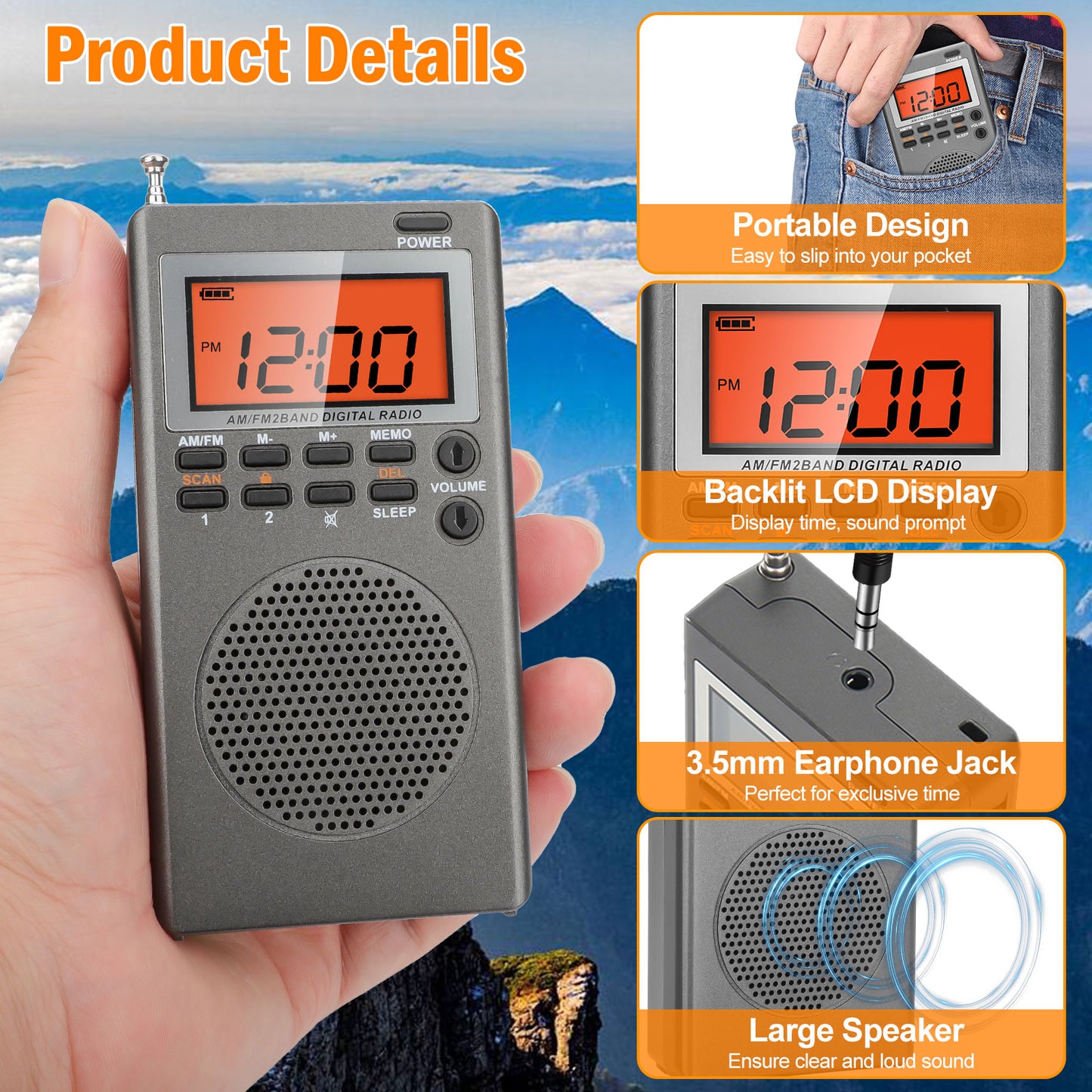 Pocket Handheld Backlit LCD Digital AM FM Radio - Receiver Player w/ Sleep Timer and 9.7ft Wire Antenna (Black)